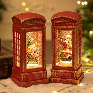 Red retro Christmas telephone booth snow globe with Santa Claus and warm LED lights