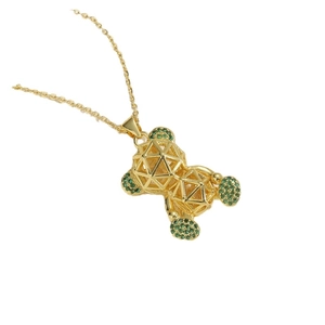 14K gold plated teddy bear pendant necklace with green zircons and hollow geometric design