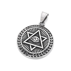 Retro punk Eye of Horus and Hexagram silver medallion pendant with Guardianship engraving