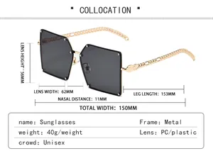 Detailed dimensions of square rimless sunglasses with 62mm lens width and metal temples