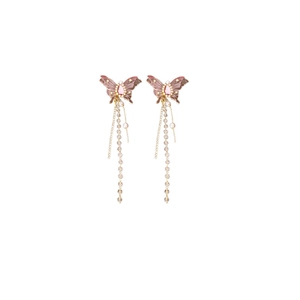 Elegant butterfly tassel earrings with sparkling crystals and pink stones on white background
