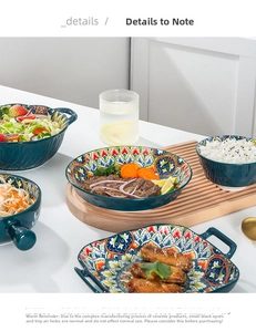 Detail of bohemian ceramic dinnerware set with colorful mandala patterns on dining table