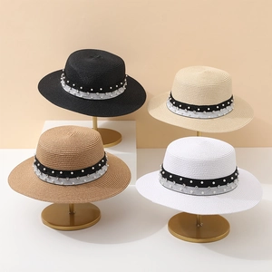 Elegant summer straw hats with pearl bands in black, cream, light brown, and white colors