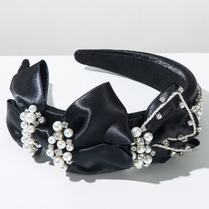 Serre-tête tendance en satin noir avec nœuds élégants en perles et strass brillants