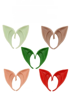 Detail view of colorful latex elf ears in five shades for Halloween cosplay parties