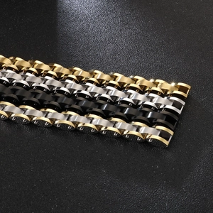 Polished stainless steel men's chain bracelets in gold, silver and black metal finishes