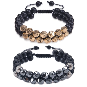 Close-up of double-layer braided bead bracelet with black matte and metallic beads