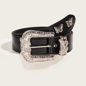 Women's black faux crocodile leather belt with vintage silver rhinestone butterfly buckle