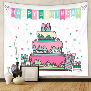 Detail view of Bohemian happy birthday tapestry featuring a colorful cake for room decor