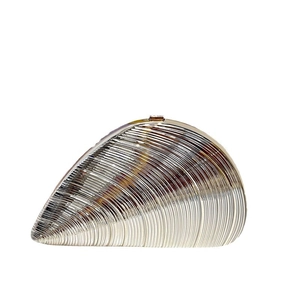 Silver shell-shaped acrylic evening clutch bag with metallic texture and sleek metal clasp