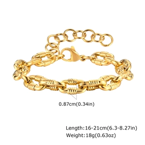 Detail of 18K gold-plated Figaro chain with adjustable lobster clasp and size specs