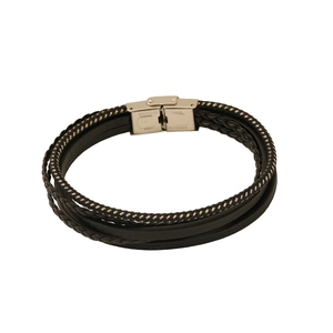 Handmade multi-layer black leather braided bracelet for men with stainless steel clasp