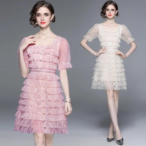 Robe Mini À Volants En Dentelle Style Français Élégant Col Carré Manches Bouffantes Taille Haute Pour Femmes