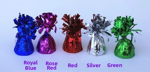 Close-up of metallic balloon weights in five vibrant colors for party decorations