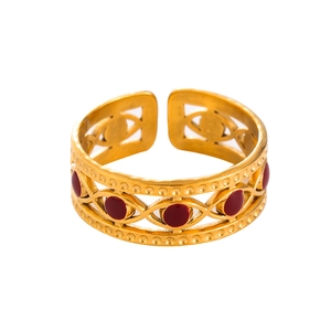 Gold hollowed titanium steel open ring with red enamel dot details for women