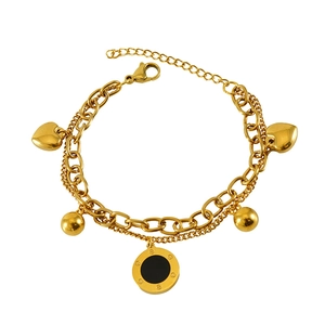 Elegant 18K gold-plated double-layer bracelet with heart, bead, and screw disc charms