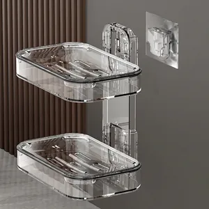 Luxury double-layer clear soap dish wall-mounted with drainage holes and no-drill design