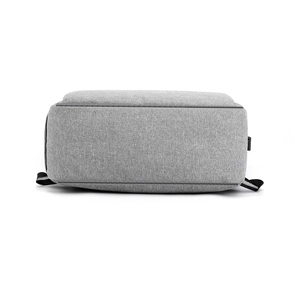 Bottom view of gray USB charging travel backpack showing durable fabric and high-quality stitching