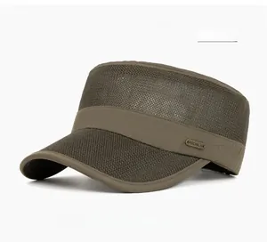 Detail view of military green mesh sun visor with metallic logo and breathable texture