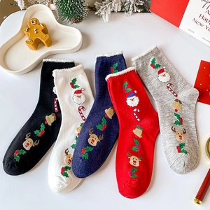 Festive Christmas cotton crew socks with Santa and reindeer embroidery in five colors