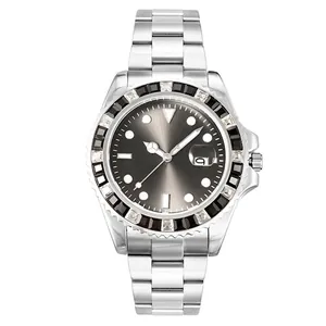 Silver stainless steel watch with black dial and diamond-set bezel for men