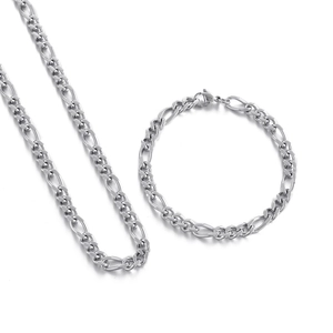 Minimalist silver titanium steel Figaro chain necklace and bracelet jewelry set for women