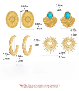 Detailed dimensions of four gold stainless steel earrings with hammer and sunburst textures