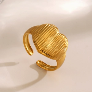 Chic gold ribbed heart-shaped stainless steel ring with an adjustable open band design