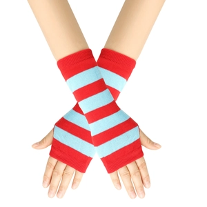 Macro shot of red and light blue striped knitted arm warmers in a crossed pattern