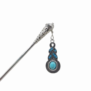 Épingle à cheveux vintage en métal argenté avec strass bleus et pendentif turquoise