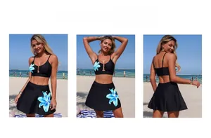 Three-view display of black two-piece bikini featuring blue floral print swim skirt