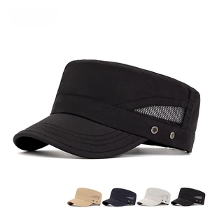 Quick-dry flat top military cap for men with breathable mesh holes and adjustable strap