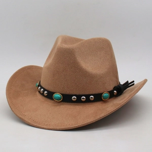 Chapeau de cowboy vintage en suédine camel avec bandeau perlé turquoise élégant