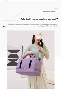 Detail view of purple travel bag featuring water-resistant fabric and dual-zipper shoe compartment