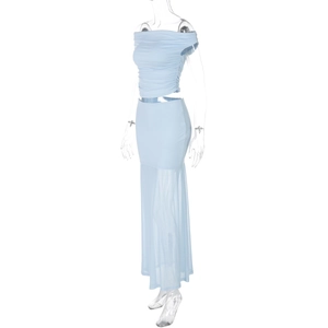Detail view of light blue off-shoulder crop top and mesh mermaid skirt set