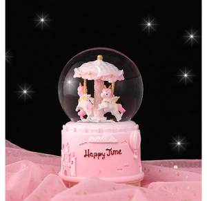 Close-up of pink carousel music box with carousel horses and cloud castle reliefs