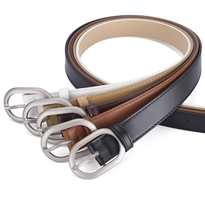 Five slim PU leather belts for women in black and brown shades with silver oval buckles