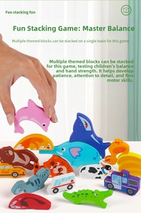 Close-up of a child stacking colorful wooden animal and vehicle blocks for motor skills
