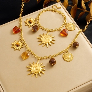 Vintage Stainless Steel Gold Plated Sun Heart Necklace And Bracelet Boho Tiger Eye Stone Pendant Jewelry For Women