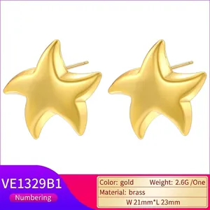 Polished 18K gold-plated brass star stud earrings with minimalist 5-point star design