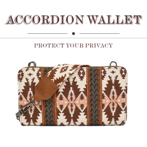 Ethnic accordion canvas wallet with detachable shoulder strap and metal hardware detail