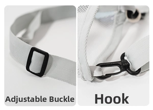 Detail showing adjustable buckle and swivel hook on gray woven water bottle strap