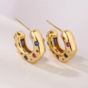 Irregular Geometric C Shaped Stud Earrings Copper Gold Plated With Colorful Gemstones Fashion Jewelry For Women