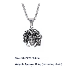 Detailed view of silver Medusa head pendant with snake hair texture and twisted chain