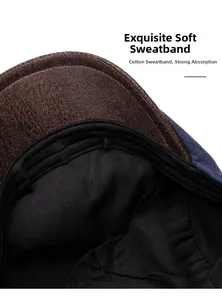 Close-up of the vintage brown leather brim and comfortable black cotton sweatband details