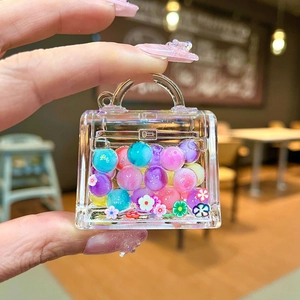 Transparent acrylic Kelly style mini handbag keychain with colorful floating sand beads