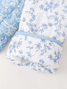 Detail of floral cotton jacket cuff featuring blue flower patterns and quilted texture