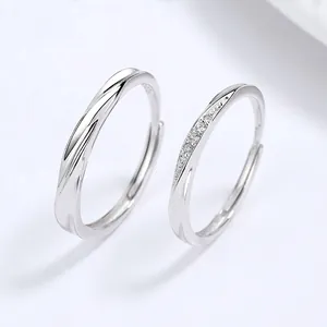 925 Sterling Silver Moebius Couple Rings For Women Men Adjustable Open Ring Rhinestone Minimalist Jewelry Valentine Gift