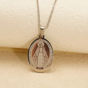 Miraculous Medal Necklace 304 Stainless Steel Religious Virgin Mary Oval Retro Portrait Pendant Vintage Catholic Jewelry