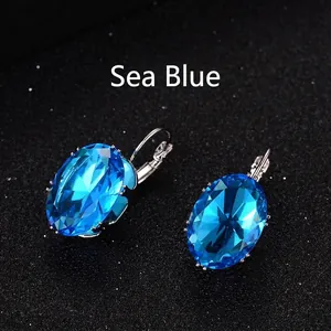 Elegant sea blue oval cut zircon drop earrings with silver hooks for women